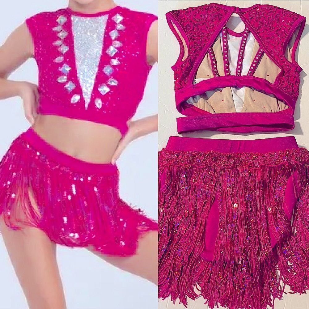 Weissman solo custom dance costume 2 piece hot pink fringe Go Get It 14590 SC 6